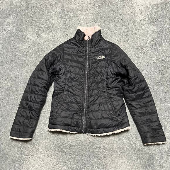 The North Face Jacket Girls Small Black Pink Reversible Mossbud Puffer Outdoor - Picture 1 of 9